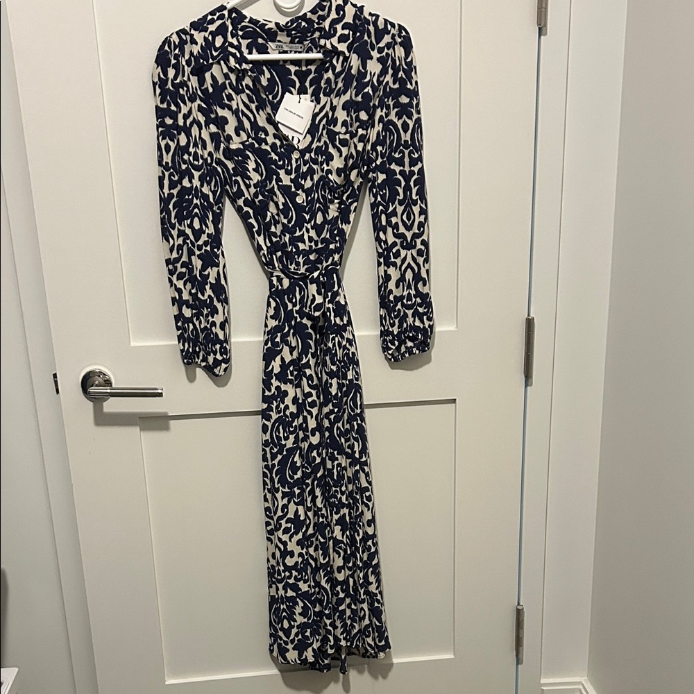 Elegant Navy and Creamy White Patterned Dress with self belt